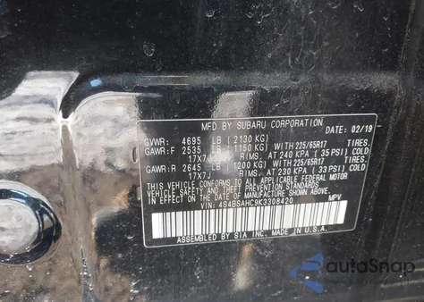 2019 Subaru Outback 2.5I Premium from USA, damaged, VIN 4S4BSAHC9K3308420